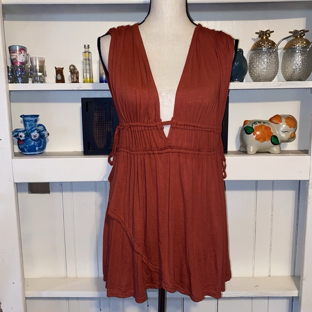 Free People Burnt Orange Deep V Neck Side Tassels Dress Small Boho Festival